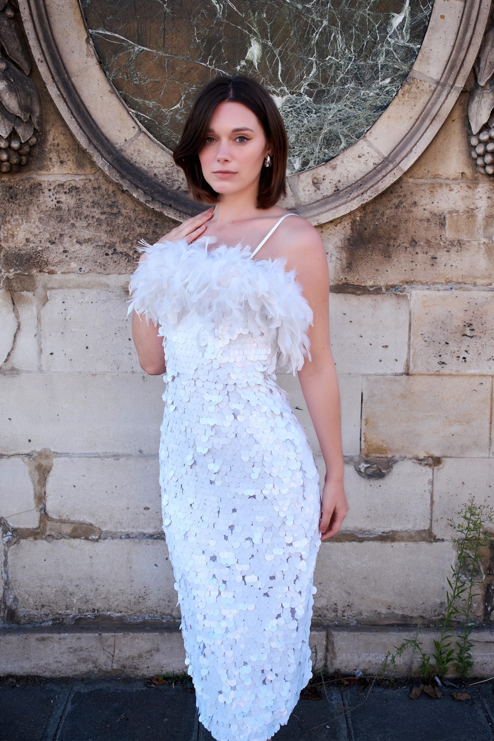 White Sequin Midi Dress with Boa Feathers Ariel